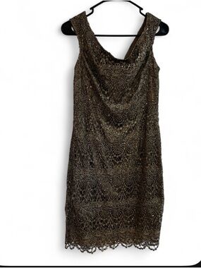 Kay Unger Olive Green Beaded Crochet Mini Dress